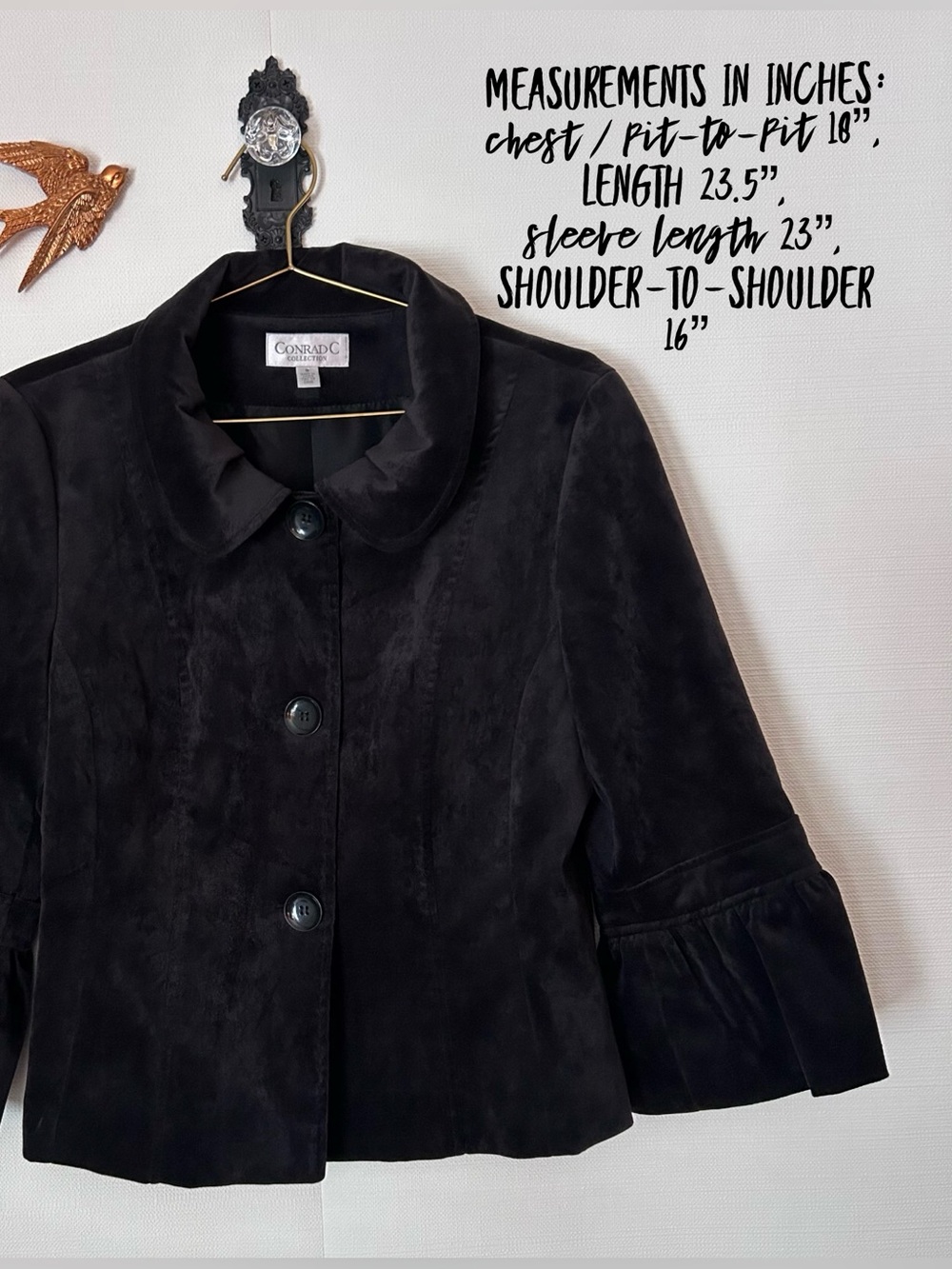 Conrad Collection Black Velvet Bell Button Front Sleeve Jacket Blazer